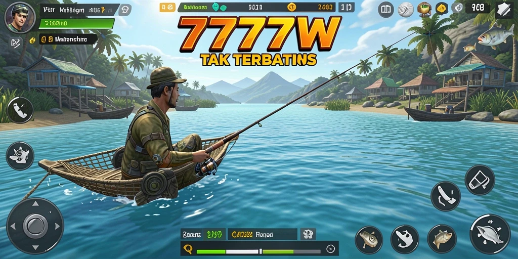 Tampilan gameplay seru dalam 7777W yang menggambarkan aksi memancing.