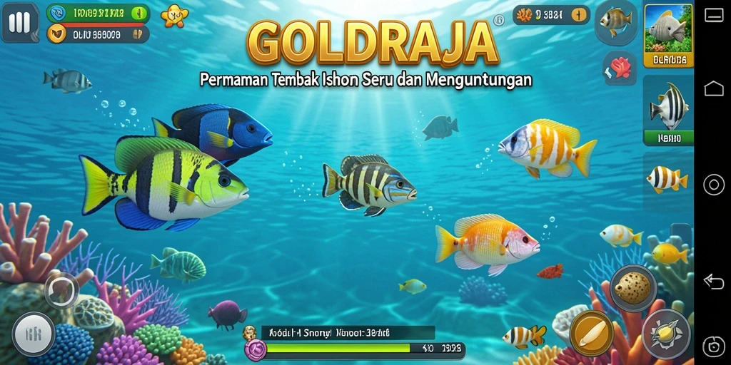 Screenshot gameplay GOLDRAJA menampilkan aksi seru menembak ikan.
