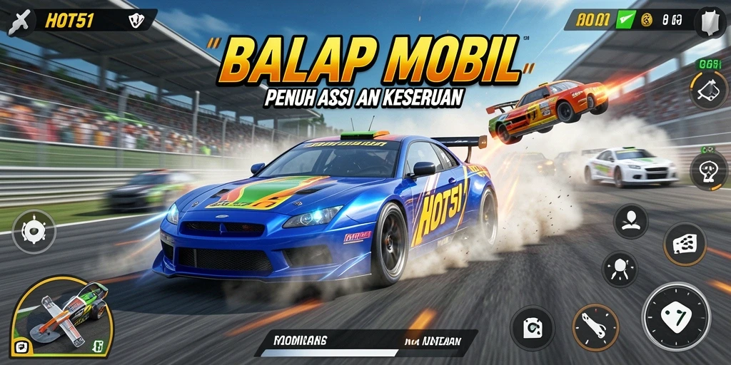 Screenshot HOT51 menampilkan mobil balap melaju cepat di lintasan yang menantang.