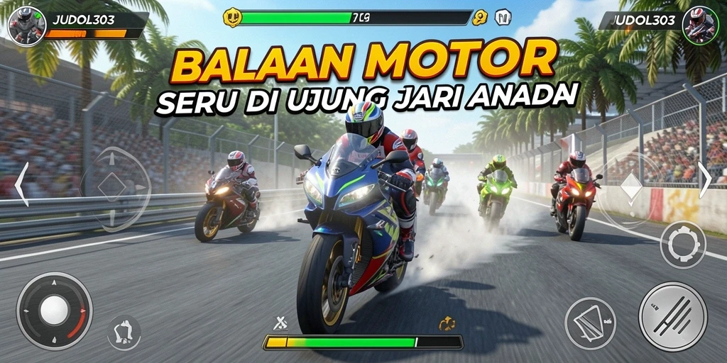 Tampilan gameplay seru dalam JUDOL303 menunjukkan aksi balapan motor.