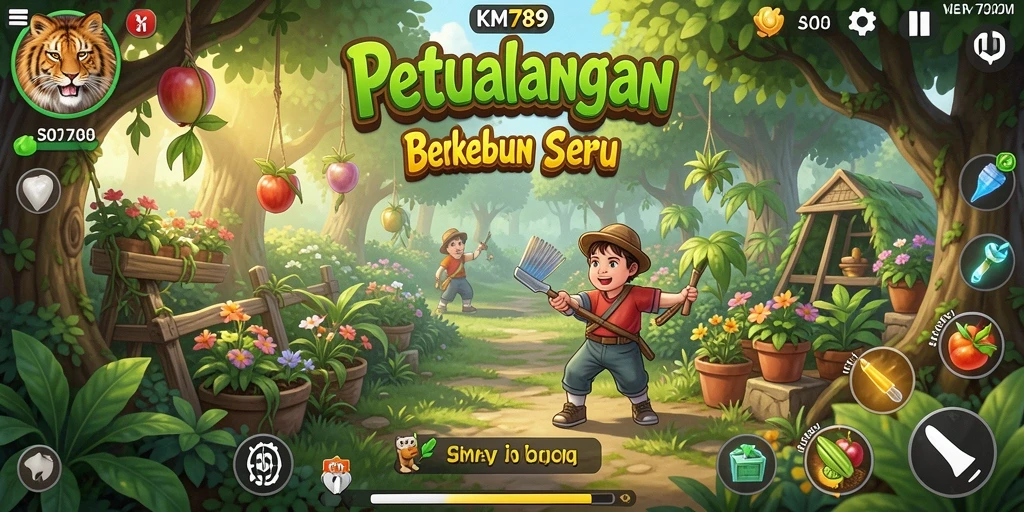 Screenshot gameplay KM789 menampilkan aktivitas seru di ladang.