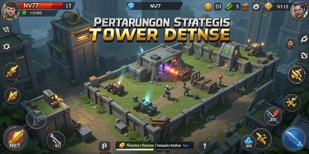 Screenshot gameplay NV77 yang menunjukkan aksi Tower Defense yang mendebarkan.