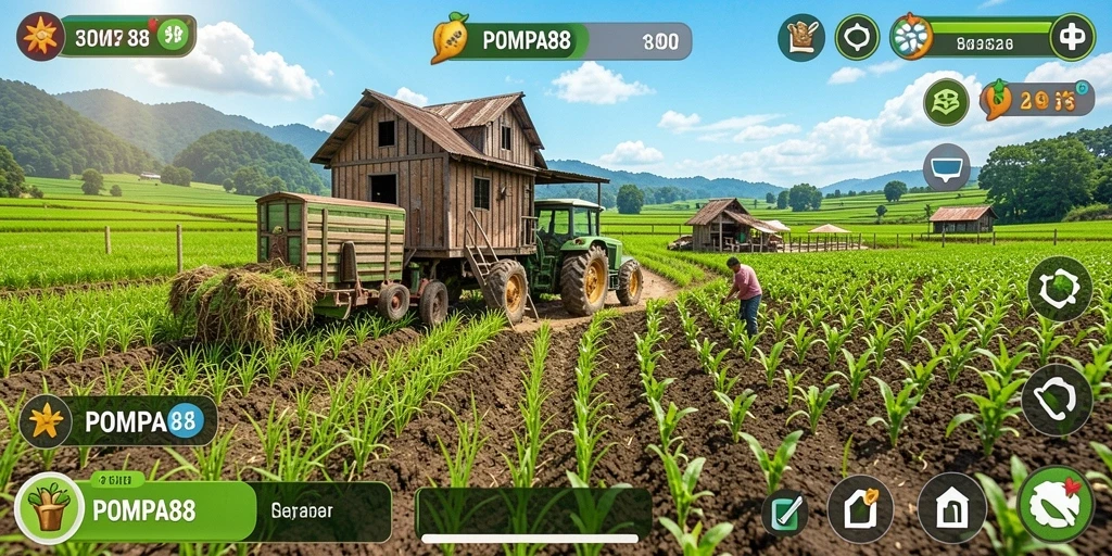 Screenshot POMPA88 menampilkan gameplay seru bertani di ladang yang subur.