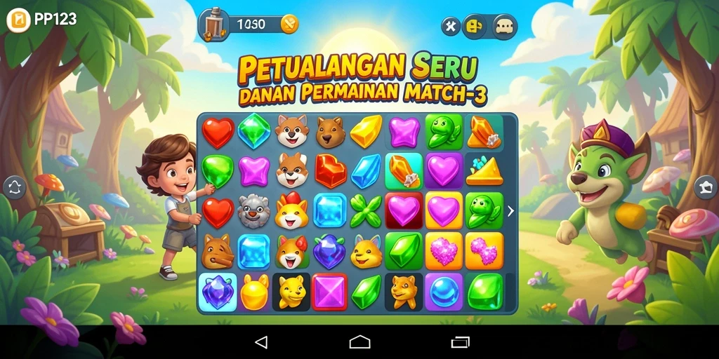 Screenshot gameplay PP123 menampilkan pencocokan item berwarna-warni.